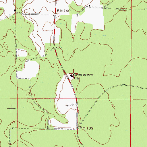 Topographic Map of Evergreen Church, FL