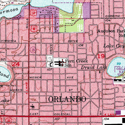 Topographic Map of Fern Creek School, FL
