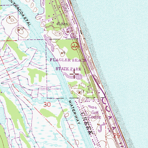 Topographic Map of Gamble Rogers Memorial State Recreation Area at Flagler Beach, FL