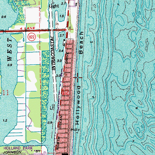 Topographic Map of Hollywood Beach, FL