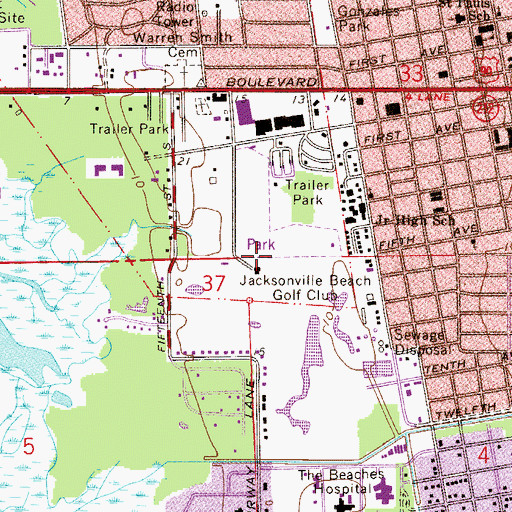 Topographic Map of Jacksonville Beach Golf Club, FL