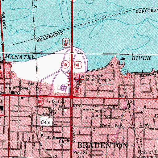 Topographic Map of Manatee Memorial Hospital, FL