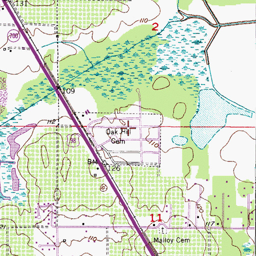 Topographic Map of Oak Hill Cemetery, FL