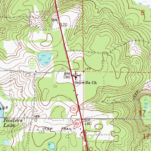 Topographic Map of Ochwilla Baptist Church, FL