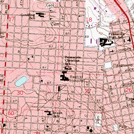 Topographic Map of Pensacola Christian School, FL