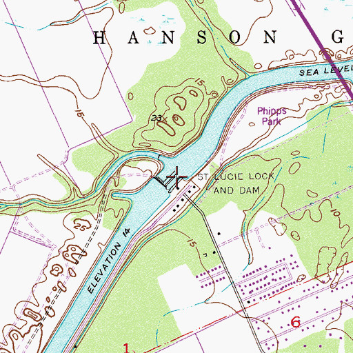 Topographic Map of Saint Lucie Lock and Dam, FL