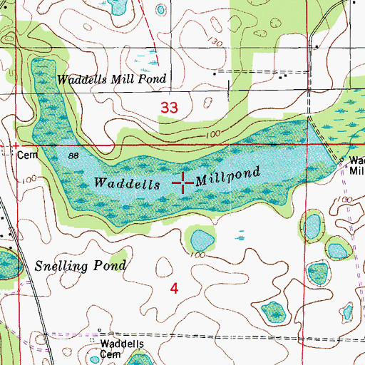 Topographic Map of Waddells Mill Pond, FL