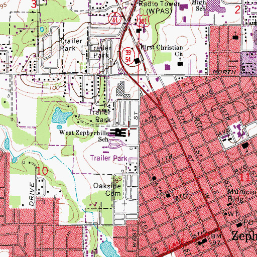 Topographic Map of West Zephyrhills School, FL