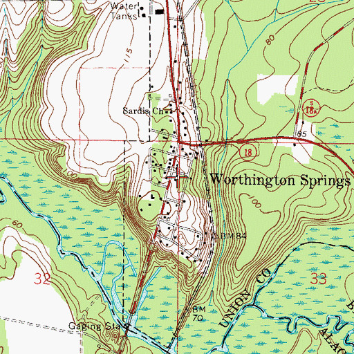 Topographic Map of Worthington Springs, FL