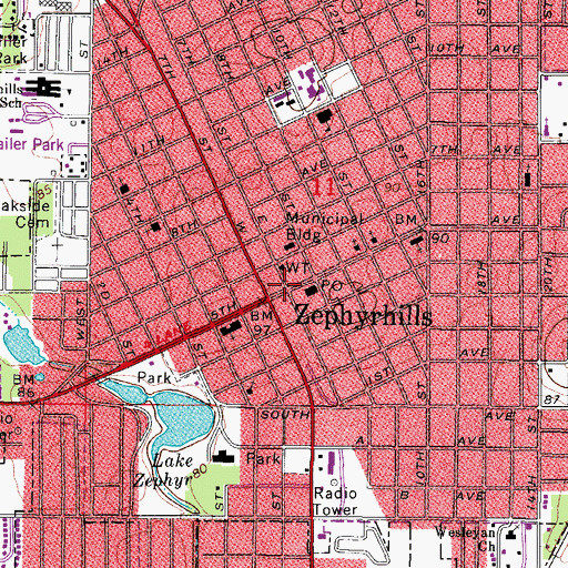 Topographic Map of Zephyrhills, FL