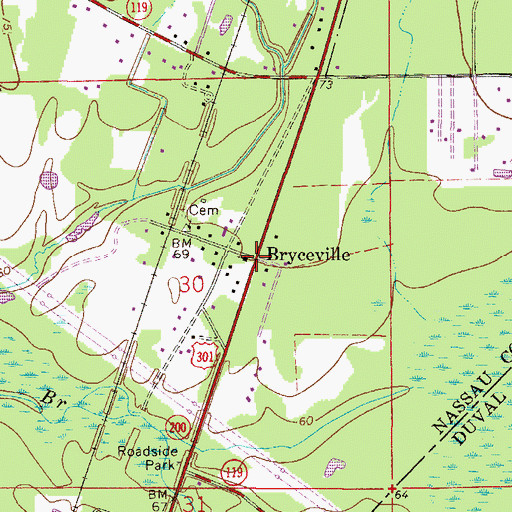 Topographic Map of Bryceville, FL