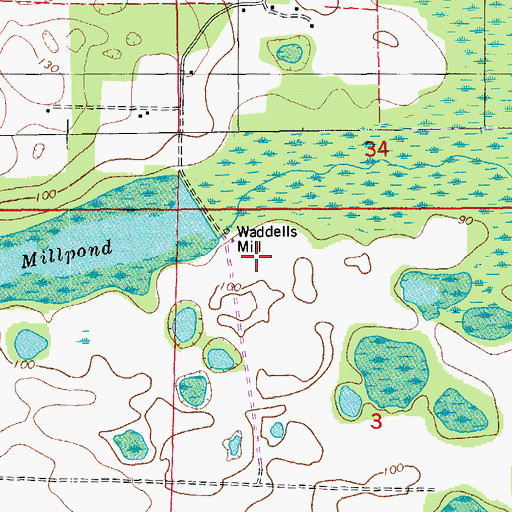 Topographic Map of Waddells Mill, FL