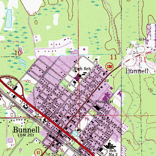Topographic Map of Bunnell Elementary School, FL