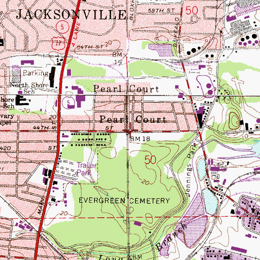 Topographic Map of The Evergreen Cemetery, FL