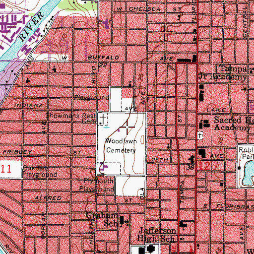 Topographic Map of Woodlawn Cemetery, FL