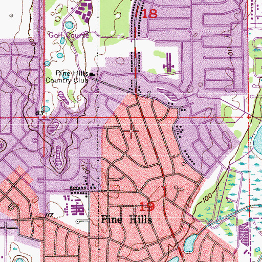 Topographic Map of Pine Hills Library, FL