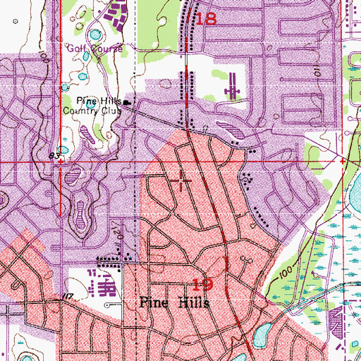 Topographic Map of Pine Hills Library, FL