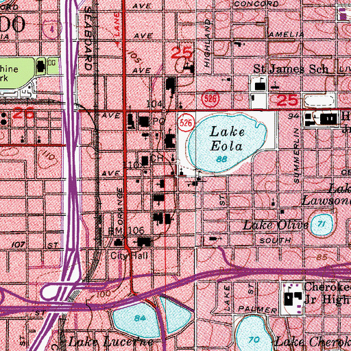 Topographic Map of Downtown Baptist Church of Orlando, FL