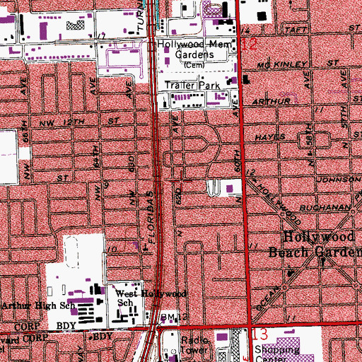 Topographic Map of West Hollywood Private School, FL