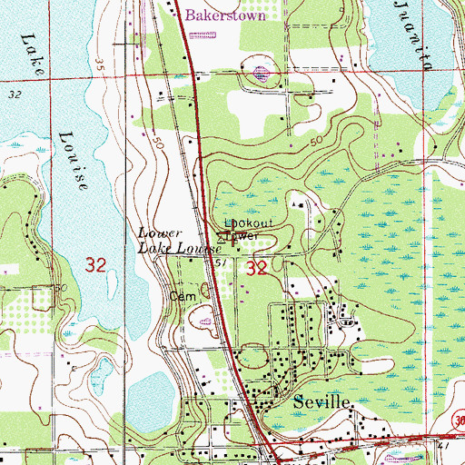 Topographic Map of Seville Lookout Tower, FL