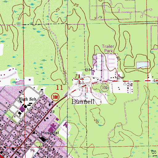 Topographic Map of First Baptist Church of Bunnell, FL