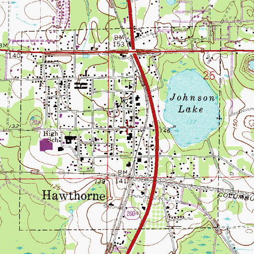 Topographic Map of Hawthorne First Baptist Church, FL