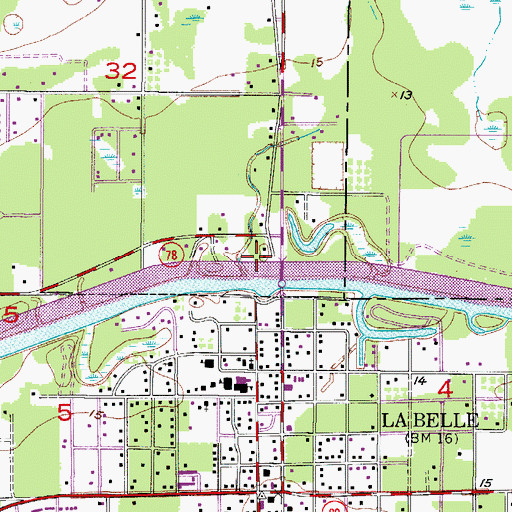 Topographic Map of La Belle Bridge, FL