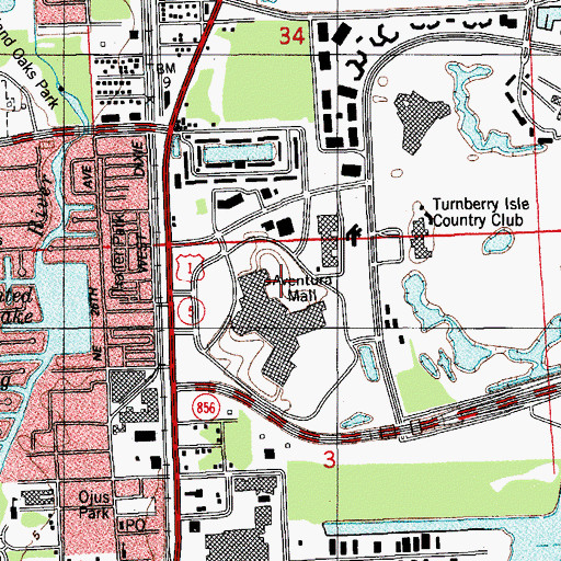 Topographic Map of Aventura Mall, FL