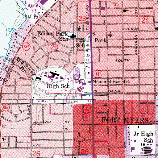 Topographic Map of Lee Memorial Hospital, FL