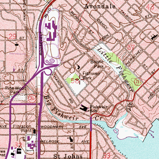 Topographic Map of Fishweir Park, FL