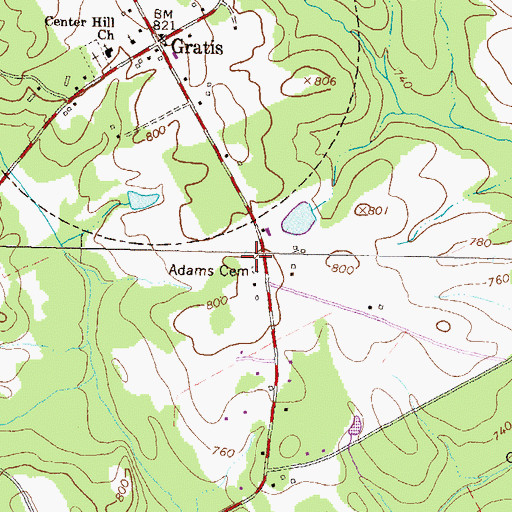 Topographic Map of Adams Cemetery, GA