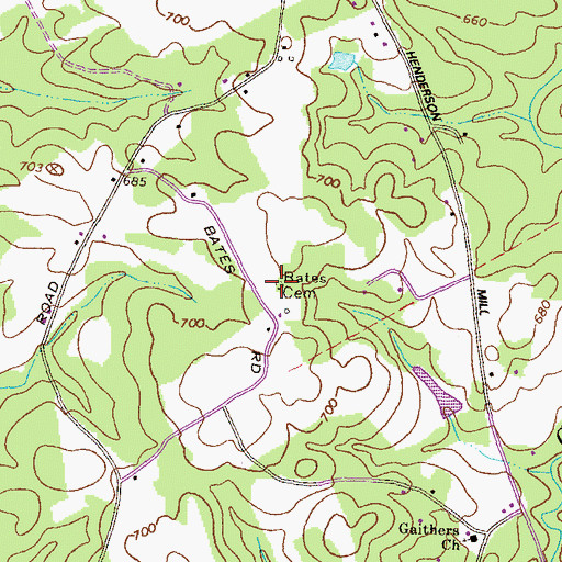 Topographic Map of Bates Cemetery, GA