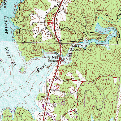 Topographic Map of Bells Mill Bridge, GA