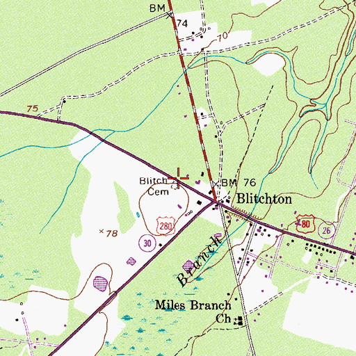 Topographic Map of Blitch Cemetery, GA