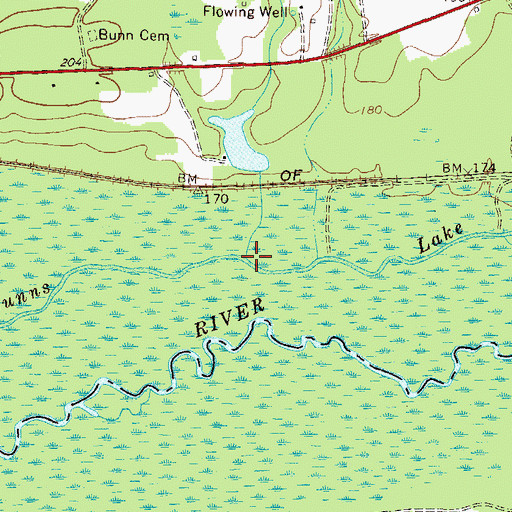Topographic Map of Bunns Lake, GA