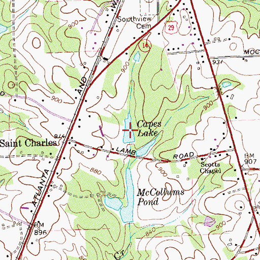 Topographic Map of Capes Lake, GA
