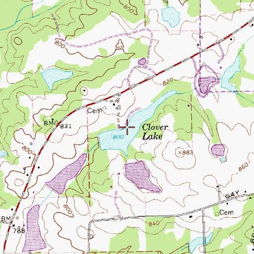 Topographic Map of Clover Lake, GA
