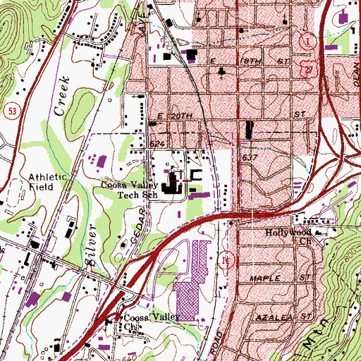 Topographic Map of Coosa Valley Tech School, GA