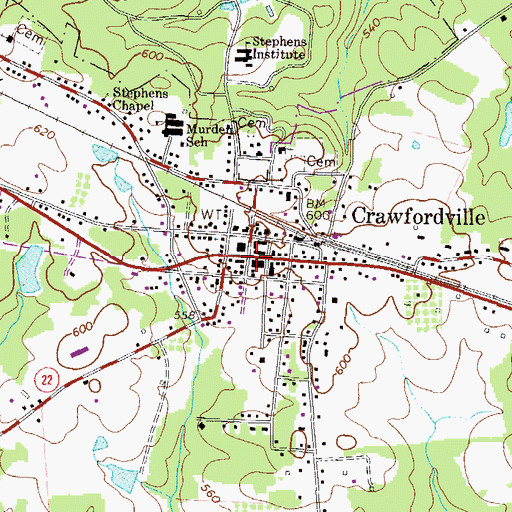 Topographic Map of Crawfordville, GA
