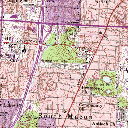 Topographic Map of Evergreen Cemetery, GA
