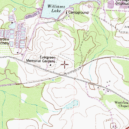 Topographic Map of Evergreen Memorial Gardens, GA
