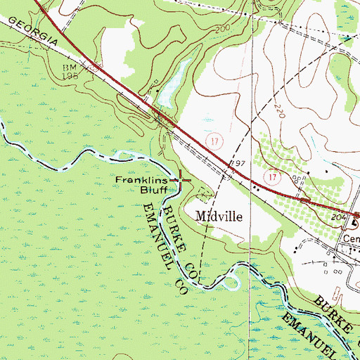 Topographic Map of Franklins Bluff, GA