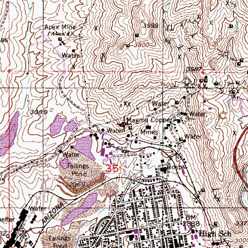 Topographic Map of Magma Copper Mines, AZ