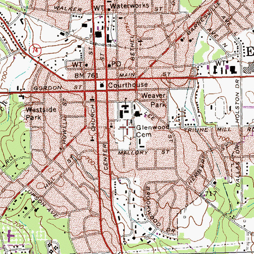 Topographic Map of Glenwood Cemetery, GA