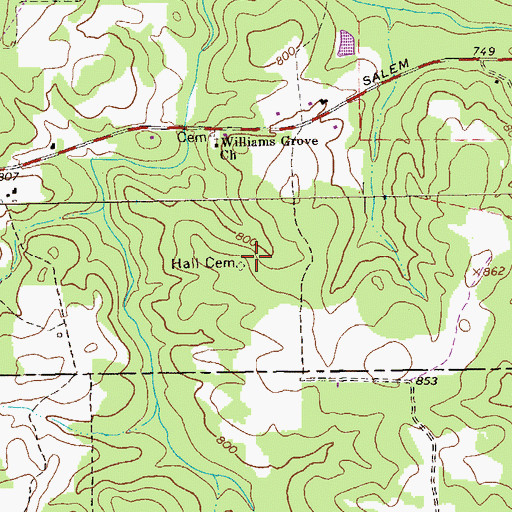 Topographic Map of Hall Cemetery, GA