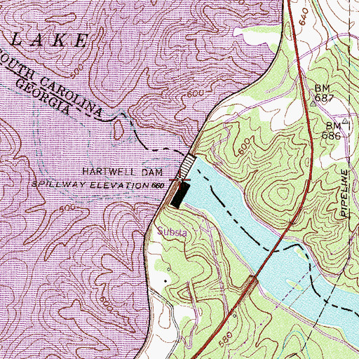 Topographic Map of Hartwell Dam, GA
