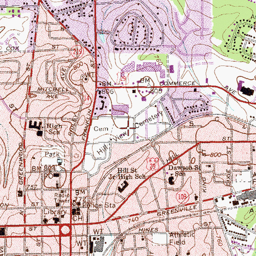 Topographic Map of Hill View Cemetery, GA