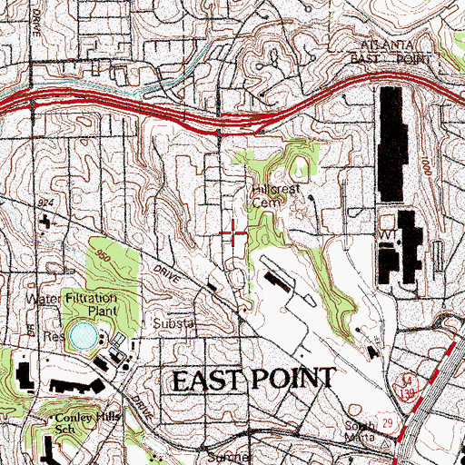 Topographic Map of Hillcrest Cemetery, GA