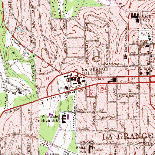Topographic Map of LaGrange College, GA