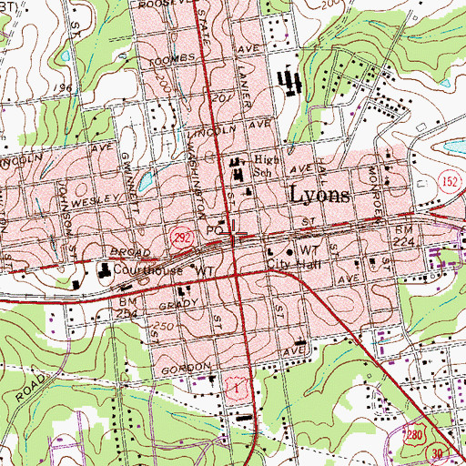 Topographic Map of Lyons, GA